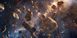 3D rendering of an asteroid in space against a starry sky An asteroid field with numerous asteroids floating in space An educational program explaining the origins.
