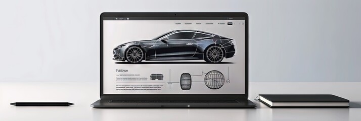 Automotive website and engineering design concept - wireframe car and specs on laptop or tablet monitor 