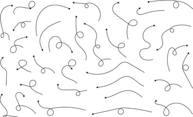 Poster - Hand drawn arrows. Hand drawn freehand different curved lines, swirls arrows. Curved arrow line. Doodle, sketch style. Isolated Vector illustration