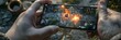 Mobile gaming - playing a video game on a smartphone - MOBA concept with hands holding phone - fictional game generated by AI