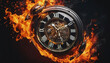 Old vintage clock on fire. Black background. Concept of running time. Close up - Generative AI.