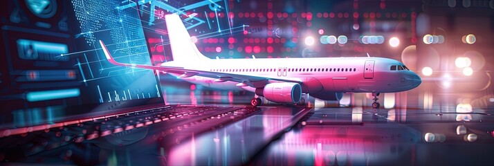Travel website concept to book flights and vacation trips with laptop and airplane