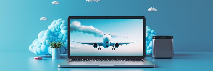 Travel website concept to book flights and vacation trips with laptop and airplane