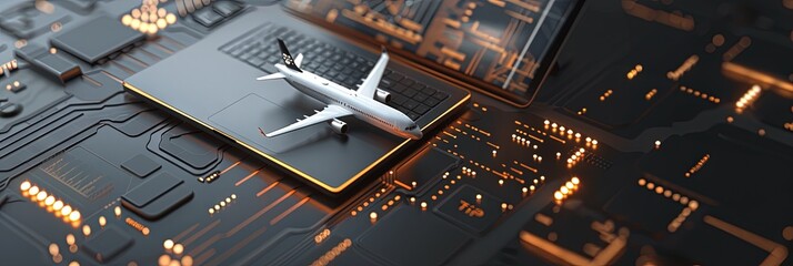 Travel website concept to book flights and vacation trips with laptop and airplane