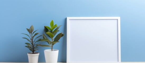 Poster - Two houseplants in flowerpots and a picture frame placed on a table against an electric blue wall. The plants are a palm tree and a terrestrial plant