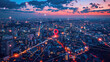 Aerial view of a bustling metropolis at dusk with a glowing red map pin hovering over a major tech hub