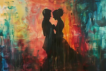 An elegant silhouette side view of a couple dancing is beautifully set against an intensely colored and emotional background, capturing the essence of passion and connection in motion.