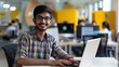 Dynamic portrait of a young Indian tech innovator at a start-up hub
