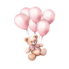girl teddy bear hanging from three light pink color balloons, original hand drawing, watercolor сrea