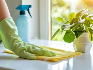 Hands in light green gloves, putting things in order, cleaning, cleaning product.