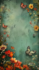 Wall Mural -  Junk Journal page green background with butterfly and colorful spring flowers, vintage decupage wallpaper , illustration with copy space, Aged Floral Design