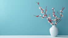 Frühlingsstrauß In Einer Hellen Vase Mit Roten Und Rosafarbenen Blüten Vor Hellblauem Hintergrund, Minimalistische Und Elegante Osterdekoration, Vase Rechts, Hintergrundbild