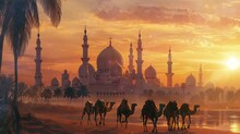 A Beautiful View At Dusk Of A Group Of Camels Heading Towards The River To Drink. Seamless Looping Time-lapse Virtual 4k Video Animation Background.