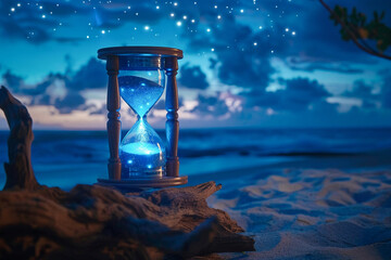 An hourglass with sand that glows like bioluminescent algae on a desk crafted from polished driftwood located on a secluded beach under a starry sky merging the concept of passing time with escapism