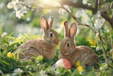 Fototapeta  - Easter bunnies nestled among spring flowers - Two adorable rabbits are surrounded by vibrant spring flowers, showcasing nature's beauty and the essence of Easter