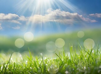 Wall Mural - Beautiful sunny spring meadow with green grass and blue sky. Abstract background with light bokeh and space for text.