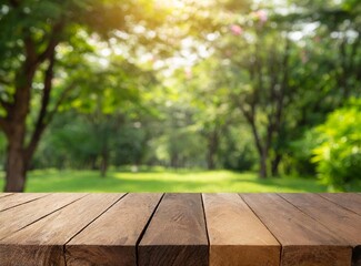 Sticker - Empty wooden table over blurred green nature park background, product display, Empty wood table and defocused bokeh and blur background of garden trees with sunlight. product display template. 