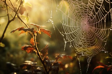 Canvas Print - An offbeat angle capturing a spider's web with dewdrops