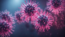 Highly Detailed Viruses In Blue Tones: A 3D Illustration Showcasing Detailed Viral Structures With Prominent Blue And Pink Spikes