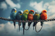 Colorful parrots perched together on a rope, symbolizing unity and teamwork. Perfect for motivational posters, team-building materials, or solidarity campaigns
