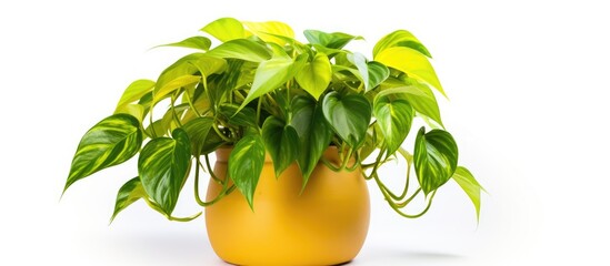 Wall Mural - Golden pothos in traditional clay pot isolated on white backdrop.