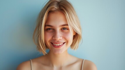 Canvas Print - A woman with blonde hair smiling at the camera. Perfect for lifestyle and beauty concepts.