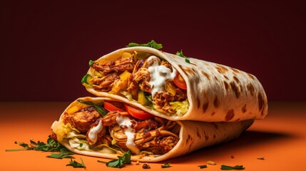Wall Mural - Two vibrant burritos filled with meat and veggies on an orange background