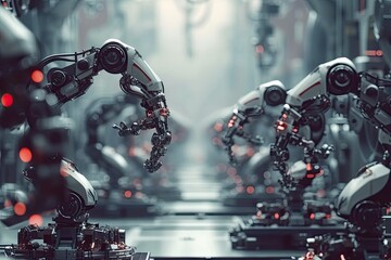 Poster - Robotic arms working together in a factory assembly line