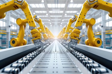 Poster - Robotic arms working together in a factory assembly line