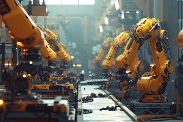 Poster - Robotic arms working together in a factory assembly line