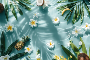 
top view pattern of exotic flowers, pineapple, coconut, bananas, and palm leaves floating on a calm blue water surface