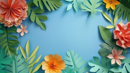 Sticker - Paper cut design of flowers and leaves on a vibrant blue background, suitable for various projects.