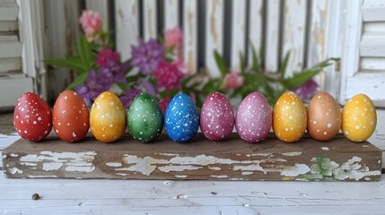 Sticker - a row of painted eggs sitting on top of a piece of wood next to a vase with flowers in it.