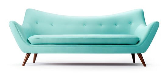 Sticker - An electric blue rectangleshaped couch with wooden legs, resembling an azure automotive exterior bumper. It is a fashion accessory that can also be used as outdoor furniture