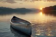 A boat floating peacefully on a calm lake at sunset. Ideal for travel or relaxation concepts.