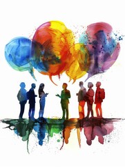 Wall Mural - Colorful people silhouettes with ink splashes - Artistic image with silhouettes of people talking with vibrant ink splash speech bubbles