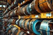 A wall of rolls of steel in a warehouse. Suitable for industrial concepts.