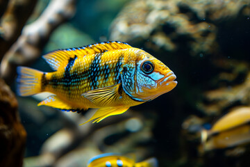 Wall Mural - Haplochromis obliquidens, Electric yellow cichlid, cichlid, African cichlids (Malawi Peacock) in the sea. bunch of fish.  yellow small fish, metallic blue gray cichlids in freshwater aquarium