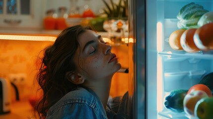 Poster - A woman looking into a refrigerator filled with fresh fruits and vegetables. Ideal for health and nutrition concepts.