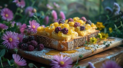 Sticker - a close up of a tray of food on a table with flowers in the background and purple flowers in the foreground.