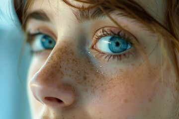 Poster - Close up of a woman with freckles. Great for beauty and skincare concepts.