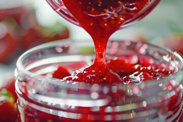 Sticker - Close up of a jar of strawberry jam, perfect for food and cooking concepts.