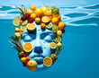 underwater fruit face,wellness,zen-like,fantasy healthy lifestyle concept,copy space for text