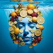 underwater zen-like fruit face,wellness,,healthy lifestyle,abstract fantasy,concept illustration