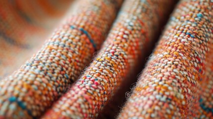 Wall Mural - A macro perspective of a Peach Fuzz tweed fabric, emphasizing the intricate weave and the subtle multicolor flecks within the dominant peach, covering the whole screen with its timeless charm