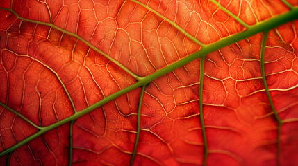 Colorful red macro foliage leaf vein texture background, abstract natural texture colorful banner.