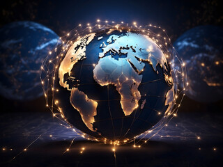 background with glowing lights, a globe with a network of lights in the middle of it and a map of th