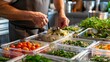 © Iuliia Metkalova - Man putting cut fruit and vegetable into glass containers, Many lunchboxes with different delicious food, Healthy meal prep for a week of workouts. Generative ai