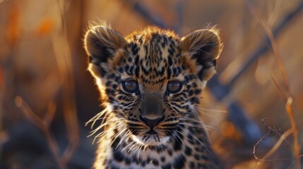 Wall Mural - A close up of a baby leopard in a field. Suitable for wildlife and nature concepts.