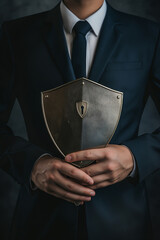 Cybersecurity and data protection concept. Creative background with shield for antivirus software, network security and cyber technology. Online information encryption. 